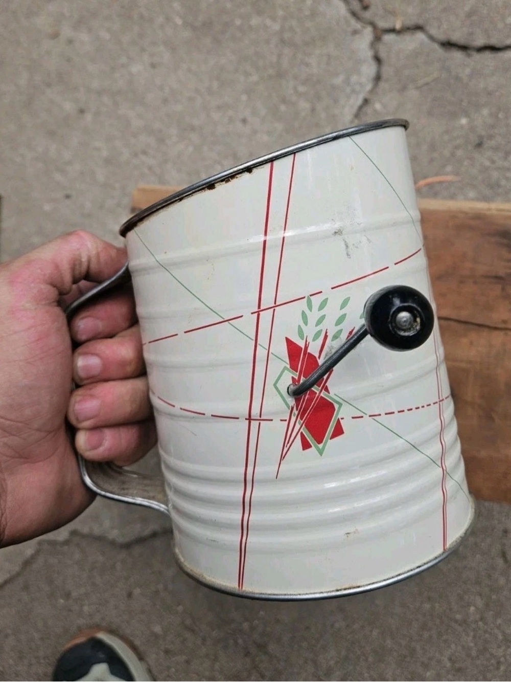 Vintage White Tin Hand Crank Flour Sifter with Red Green Design